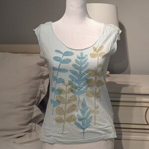 Leaf Pattern Women's Top - Light Blue and Beige